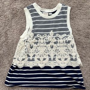 Anthropologie Striped and lace navy tank top. Size small. Used like new